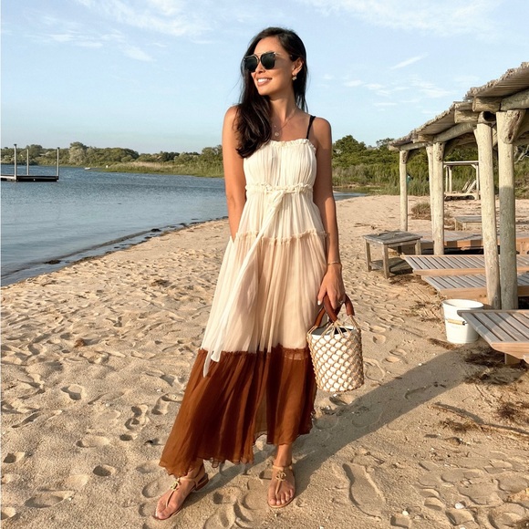 Lee Mathews Dresses & Skirts - Lee Mathews Two-Tone Tiered Maxi Dress in Cream and Brown